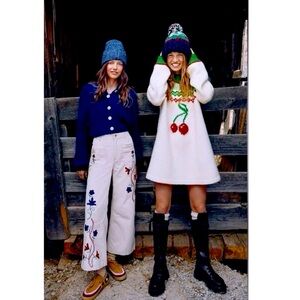 Free People Cherry Heart Sweater Dress Ivory Green Red Fair Isle